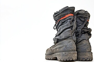 Pair of dirty work boots against a white background.