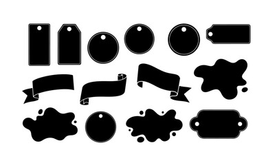 Assortment of Black Silhouette Tags, Ribbons, and Ink Blots