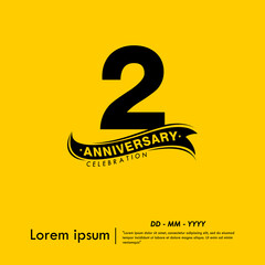 2nd years anniversary celebration emblem. black logo isolated with ribbon on yellow background. vector illustration template design for web, flyers, poster, greeting card and invitation card	