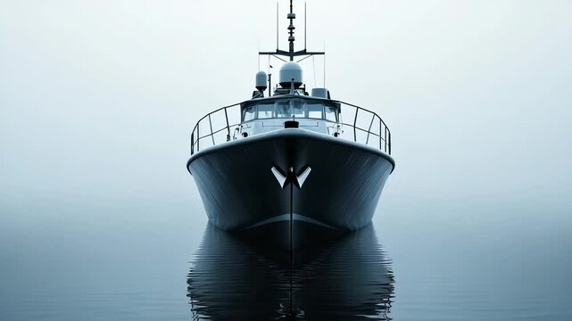 Commanding presence of a sleek patrol boat cutting through still, misty waters at dawn