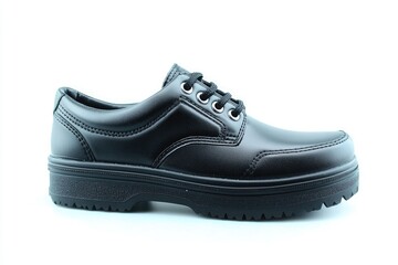 Side view of a black leather shoe.