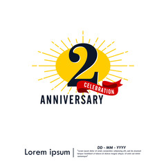 2nd years anniversary celebration emblem. congratulations anniversary logo isolated with red ribbon and starburst on white background. vector illustration template design for web