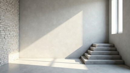 Fototapeta premium Minimalist Interior with Concrete Steps and Brick Wall, Sunlight Streaming Through a Window