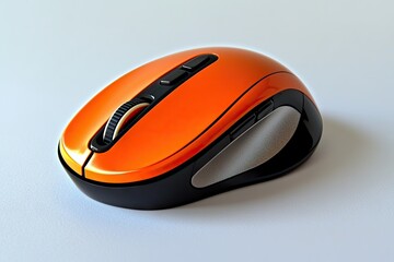 An orange computer mouse with black accents.