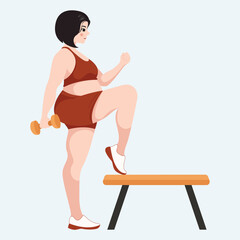 Plus Size Woman doing step aerobics exercise with dumbbell