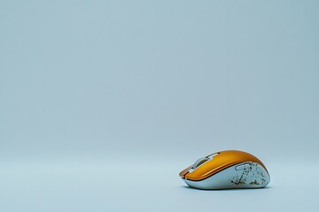 Orange and white computer mouse against a light blue background.