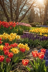 Vibrant Spring Garden Full of Tulips