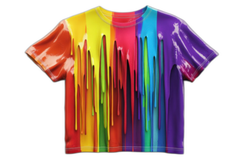 Rainbow colored t-shirt with rainbow print isolated on transparent background.