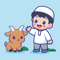 Cute illustration of a Muslim boy wearing traditional clothes happily interacting with a brown goat, in eid al adha celebrate.