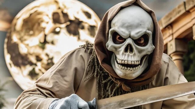 A menacing figure, clad in a hooded robe, brandishes a knife under a full moon.A figure in a skull mask and brown robe, holding a large knife, against a backdrop of a full moon and stonework.
