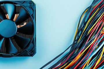 Computer cooling fan and tangled wires on a light blue surface.