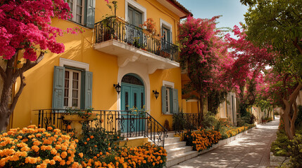 Fototapeta premium Sunny yellow house with blooming flowers, warm summer charm