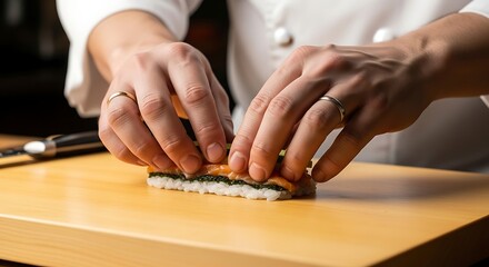 Obraz premium Preparing Sushi Roll with Salmon and Rice on Wooden Board