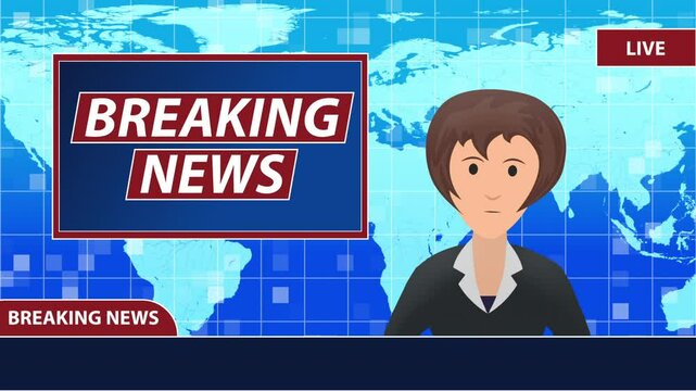 News Anchor Woman Animated Flat Character presenting news in front of world map background with Breaking News Overlay News studio Animation