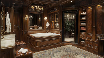 Luxurious bathroom with wooden accents, elegant lighting, and spacious bathtub