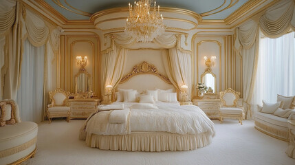 Luxurious bedroom design with elegant decor, featuring grand chandelier and ornate furnishings
