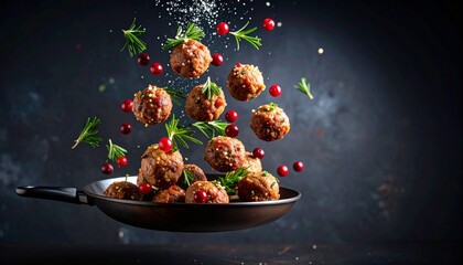 delicious meatballs with cranberries , floating in the air, cinematic, food profession 