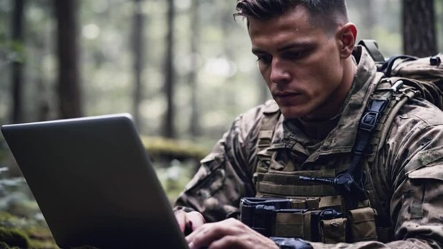 A soldier, immersed in work, utilizes a laptop amidst the forest.Military personnel, using a laptop, demonstrates adaptability in a woodland environment.


