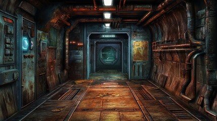 A dimly lit, rusty metallic corridor in a derelict spaceship or industrial facility, featuring aged metal walls, exposed pipes, and a distant doorway.  The floor shows signs of wear and discoloration