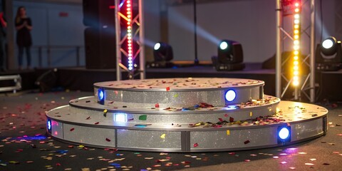 Three-tier metallic podium with confetti and colorful lights, festive celebration theme, high contrast and dynamic angle.