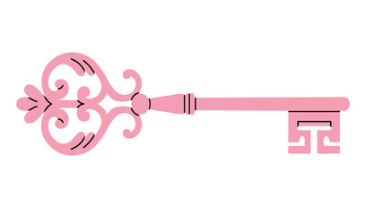 Vector illustration of pink antique key isolated on white background. can be used in interior design concepts, event invitations, logo creations, travel brochures, cards etc. Cute design.