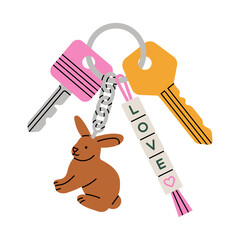 Illustration of an ordinary key with trendy keychains. Perfect for creating real estate and mortgage advertising and inspiring lifestyle concepts. Vector illustration isolated on white background.