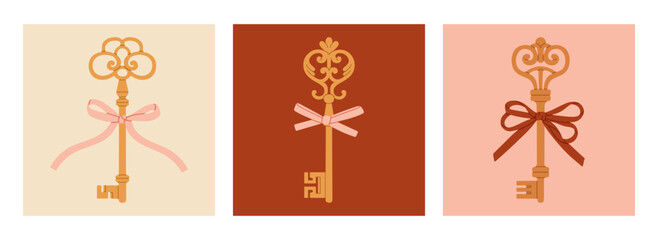 Collection of cute posters with bows and antique keys. Ideal for interior design concepts, invitations, logo creations, travel brochures, cards etc. Vector illustrations in pastel colors.