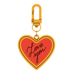 Vector illustration with a shiny metal heart-shaped keychain engraved with the sweet message “Love You”. Perfect for Valentine's Day, anniversaries, wedding, logo design , greeting cards, printables.