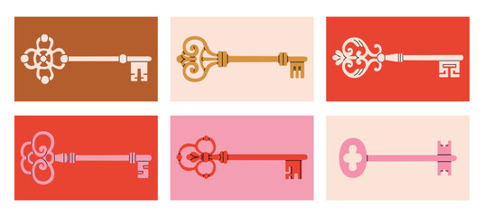 Collection of colorful posters with antique keys. Ideal for interior design concepts, invitations, logo creations, travel brochures, cards etc. Vector illustration.