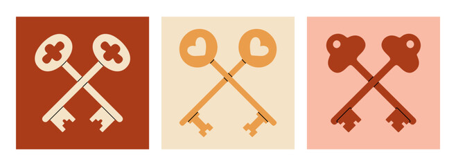 Collection of classic posters with antique keys. Ideal for interior design concepts, invitations, logo creations, travel brochures, cards etc. Vector illustration.