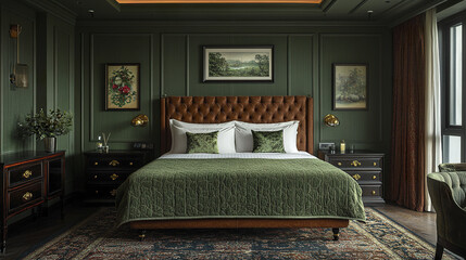 Luxurious green and brown bedroom with elegant decor and cozy atmosphere