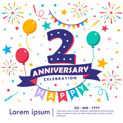 2nd years anniversary celebration emblem. congratulations anniversary logo isolated with balloons, bunting flag, ribbon, fireworks and stars. vector illustration template design