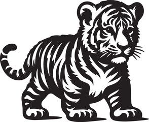 Fototapeta premium black and white baby tiger, baby tiger silhouette vector icon
