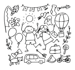 Vector illustration of Doodle cute for kid, Hand drawn set of cute doodles for decoration on white background.	