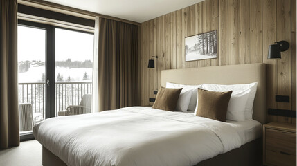 Cozy hotel bedroom with comfortable bed and wooden accents, perfect for relaxation