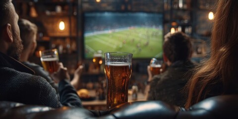 Friends Watching Football at Bar Celebrating Goal with Cheers