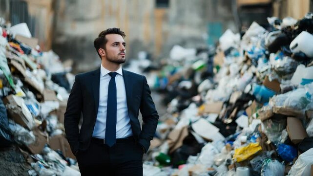 A man in a suit stands amidst piles of trash in an urban setting, possibly highlighting environmental issues or social contrast
