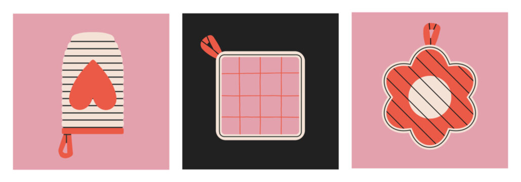 Set of posters with potholders. For use in kitchen-themed designs, cookbook illustrations,  advertising materials, cooking blogs and prints. Quilted fabric, different shapes. Vector illustration. 