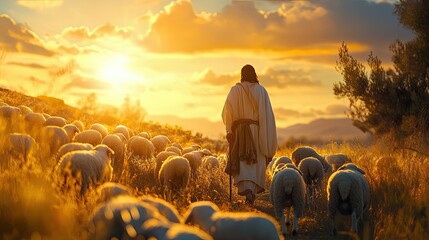 Shepherd Guiding Sheep at Sunset