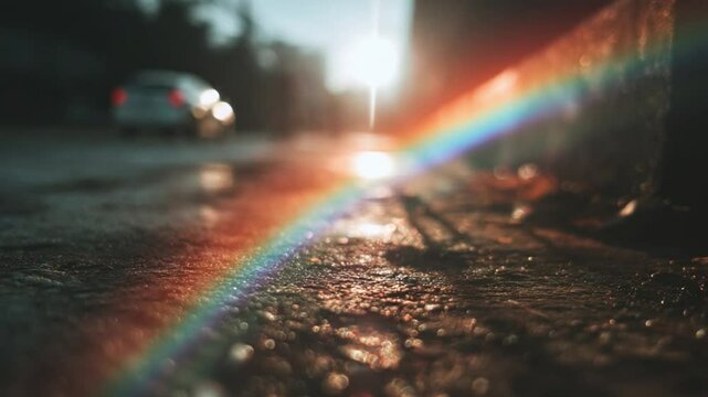 Colorful Rainbow Light Reflection on Wet Pavement at Sunset Creating a Beautiful Atmospheric Scene