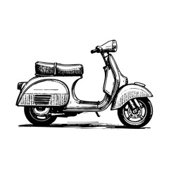 Obraz premium Scooter sketch engraving black and white outline. Scratch board imitation. illustrated in vintage line art style on a white background.