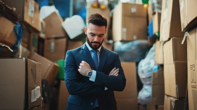 A businessman in a suit stands looking down with a concerned expression amidst stacks of cardboard boxes, possibly indicating business challenges or inventory issues.