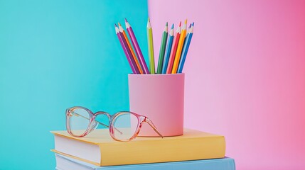 Fototapeta premium Back to School Still Life with Colorful Pencils and Glasses