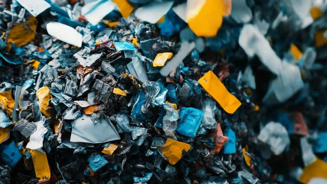 A large pile of shredded multi-colored plastic, likely HDPE, represents plastic waste prepared for recycling.