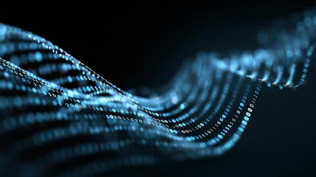 Abstract flowing digital wave pattern with binary code elements illustrating technology and data concepts
