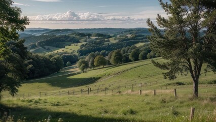 Naklejka premium Lush green hillsides and valleys under a partly cloudy sky.