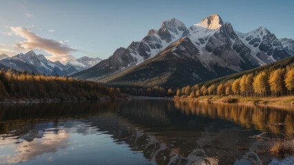 Picturesque mountain range reflected in a tranquil lake at dawn.