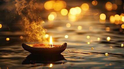 Diwali Diya Lamp Floating on Water Surface