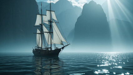 Vintage sailing vessel drifting across calm waters with towering cliffs in the background.