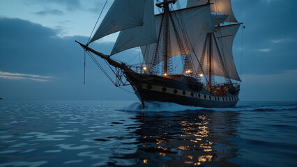 A historical sailing ship with full sails navigating the sea at sunset with dramatic lighting.